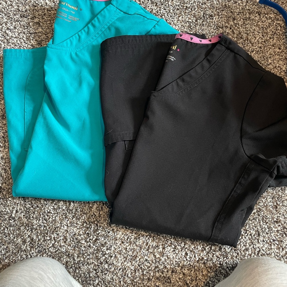 2 scrub Tops with bundle of 2 pair scrub joggers and 9 pairs of bottoms